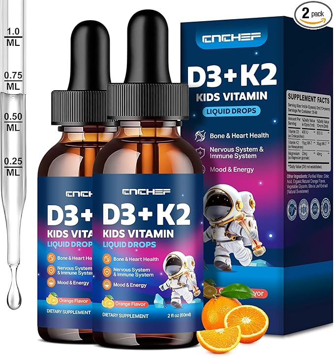 2PCS Vitamin D3 K2 Drops for Kids - Liquid Supplement with Magnesium for Calcium Absorption, Joint Health, Teeth & Heart - Non-GMO, Vegan, Orange, 4 Fl Oz - Kids Ages 4+