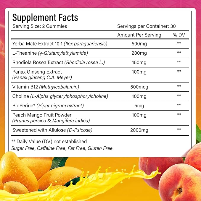 60 Yerba Mate Gummies - Formulated with L-Theanine, Rhodiola Rosea, Ginseng, Choline, B12 – Peach Mango Flavor – Vegan, Gluten-Free, Non-GMO