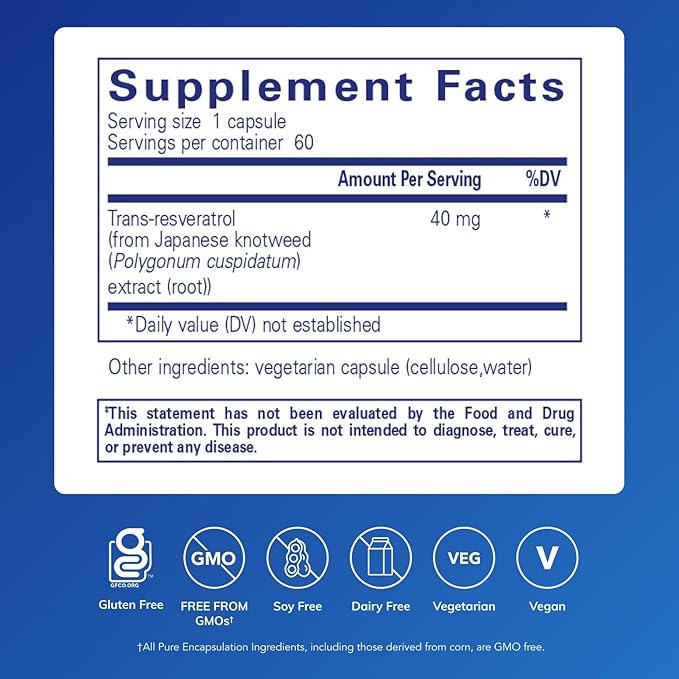 Pure Encapsulations Resveratrol - Cardiovascular, Cellular Health & Memory Support* - 40 mg Trans-Resveratrol - Antioxidants Supplement - Gluten Free & Non-GMO - 60 Capsules