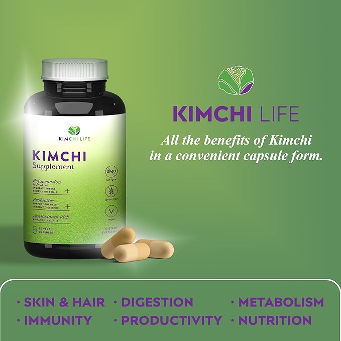 – Daily Capsules of Premium Fermented Kimchi - Vegan & Natural Nutritional Supplement - Probiotics for Gut Health & Immune Support – Enhance Energy, Focus, Skin and Hair Health