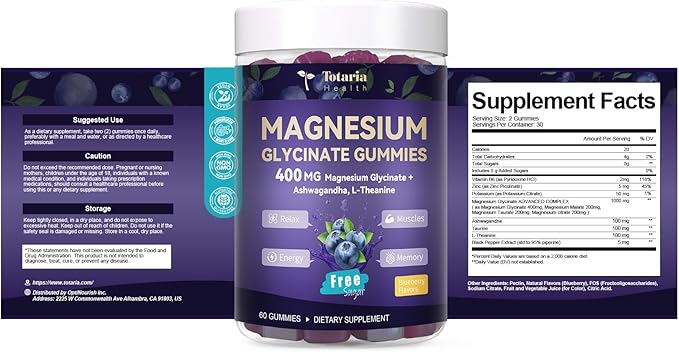 Magnesium Glycinate Gummies 400mg - Magnesium Complex Gummy with Malate, Taurate & Citrate - Supports Sleep, Relaxation, Brain & Muscle - 60 Count Blueberry Flavor (Sugar Free & Vegan)
