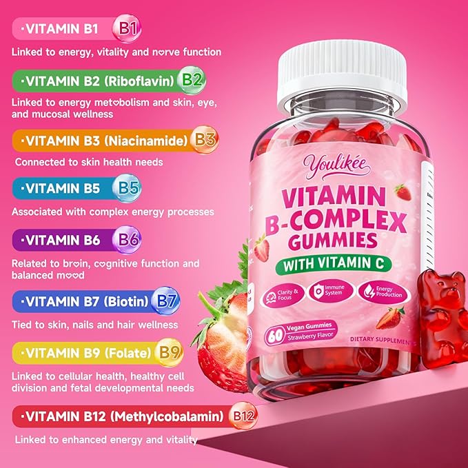 Vitamin B-Complex Gummies for Women & Men, Methyl B12, B1, B2, B3, B5, B6, B7 & B9 - Vitamin B Complex with Vitamin C Supports Energy & Immune Function, Strawberry Flavor, 60 Count