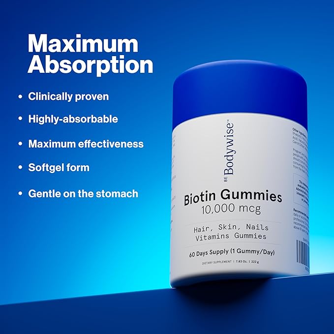 Be Bodywise Biotin 10000mcg Gummies | Hair Nail and Skin Vitamins | Biotin for Hair Growth for Women | Refined Sugar Free | 60 Day Pack (1 Gummy/Day) | Max Absorption