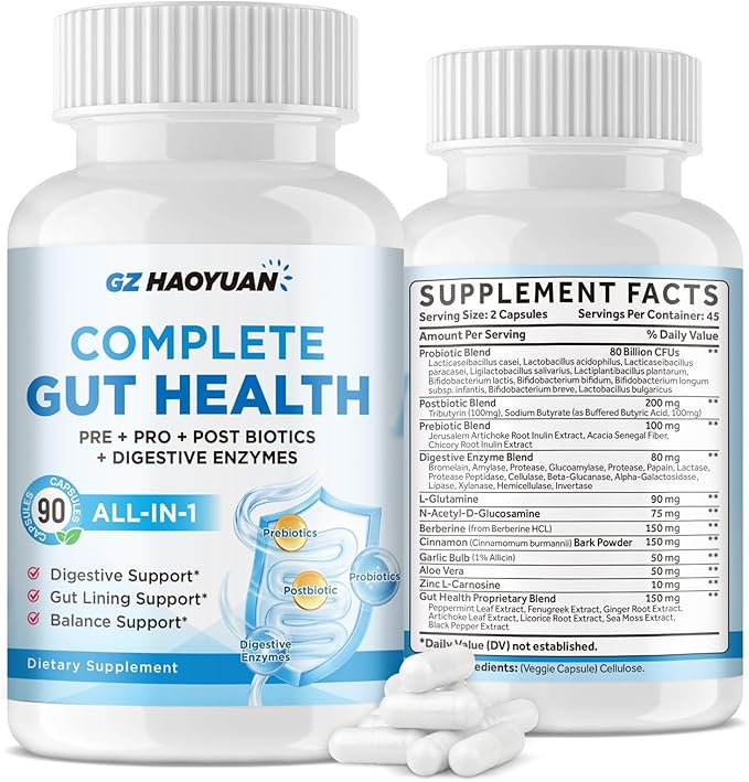 All-in-1 Gut Health with Probiotics, Prebiotics, Postbiotics & Digestive Enzymes for Women & Men, Complete Gut Health & Digestive Support Supplement, Immune Health Support, 90 Capsules
