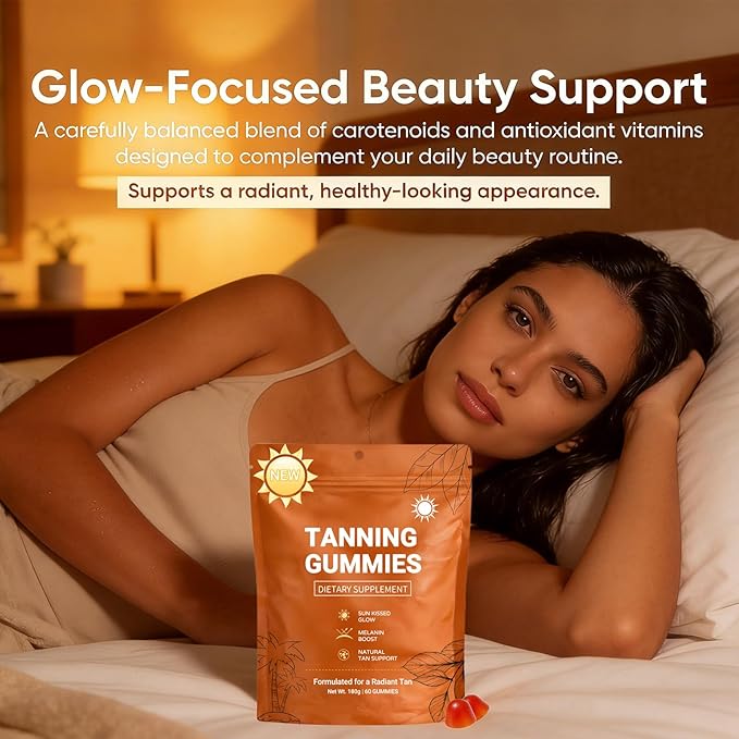 Tanning Gummies Fast Tan Without Sun,with Astaxanthin, Beta-Carotene, Lycopene & Vitamins C & E,Skin Radiance & Hydration for Natural Looking Glow, Vegan & Sugar-Free, 60 Count