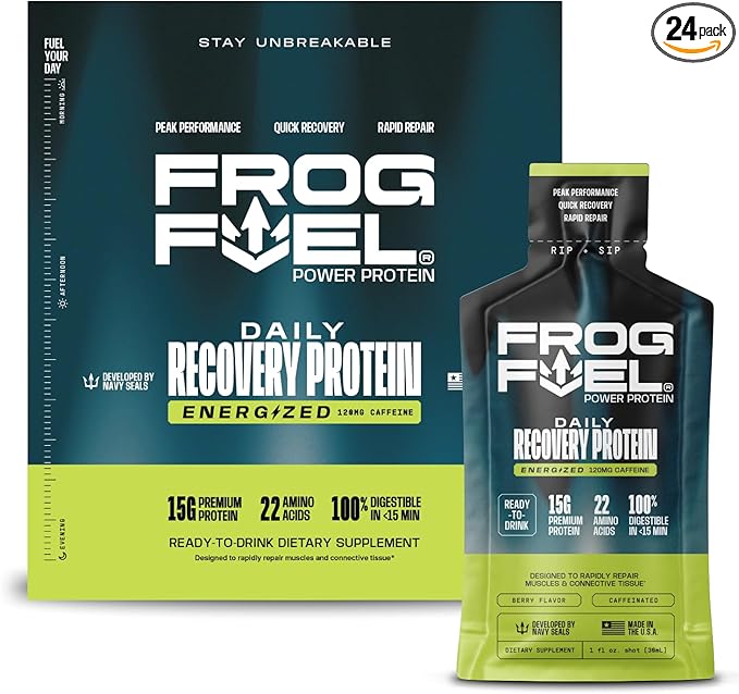 Frog Fuel Power Energized Protein Shot, 15g Protein Nano-Hydrolyzed Grass Fed Collagen, 120mg Caffeine, Fat & Sugar Free, 22 Amino Acids, 0 Carbs, Berry, 1 oz Packets, 24 Pack