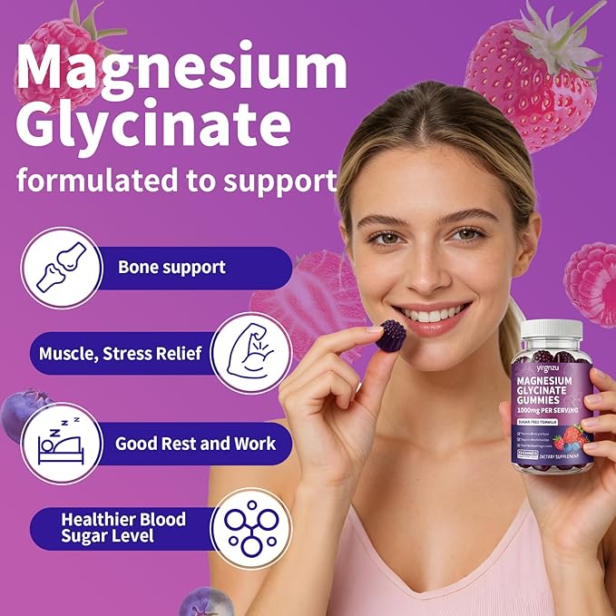 Magnesium Glycinate Gummies 1000mg, Sugar Free Magnesium Supplement with Potassium, Vitamin D, B6, CoQ10 for Sleep Support, Stress & Muscle Relief - 60 Mixed Berry Flavored Gummies