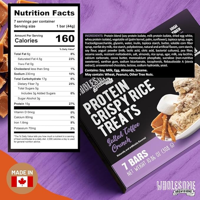 Protein Crispy Rice Treats, 15g Protein, 3g-7g Net Carbs, Low Carb, Fluffy, Soft, Chewy, Gluten Free, High Fiber, Keto-Friendly, No Aftertaste (Salted Toffee Crunch, 3 Pack)
