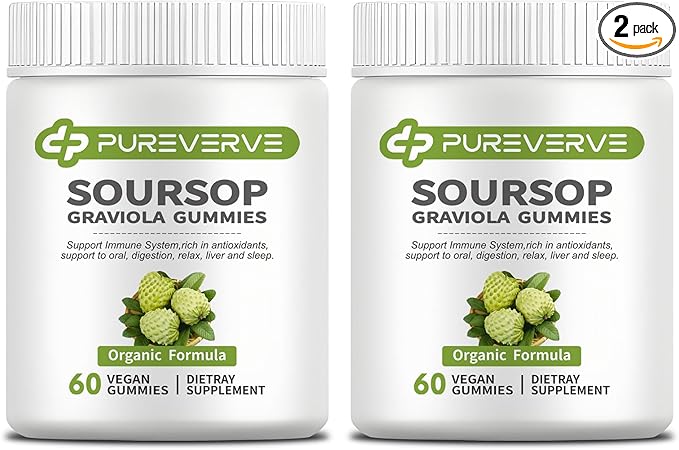Soursop Graviola Gummies, Pureverve Max Strength Soursop Leaves Extract with Sea Moss & Zinc for Cell Support & Regeneration, Immunity, Liver and Antioxidant, Sugar/Gluten Free, Vegan - 120 CT, 2 Pack