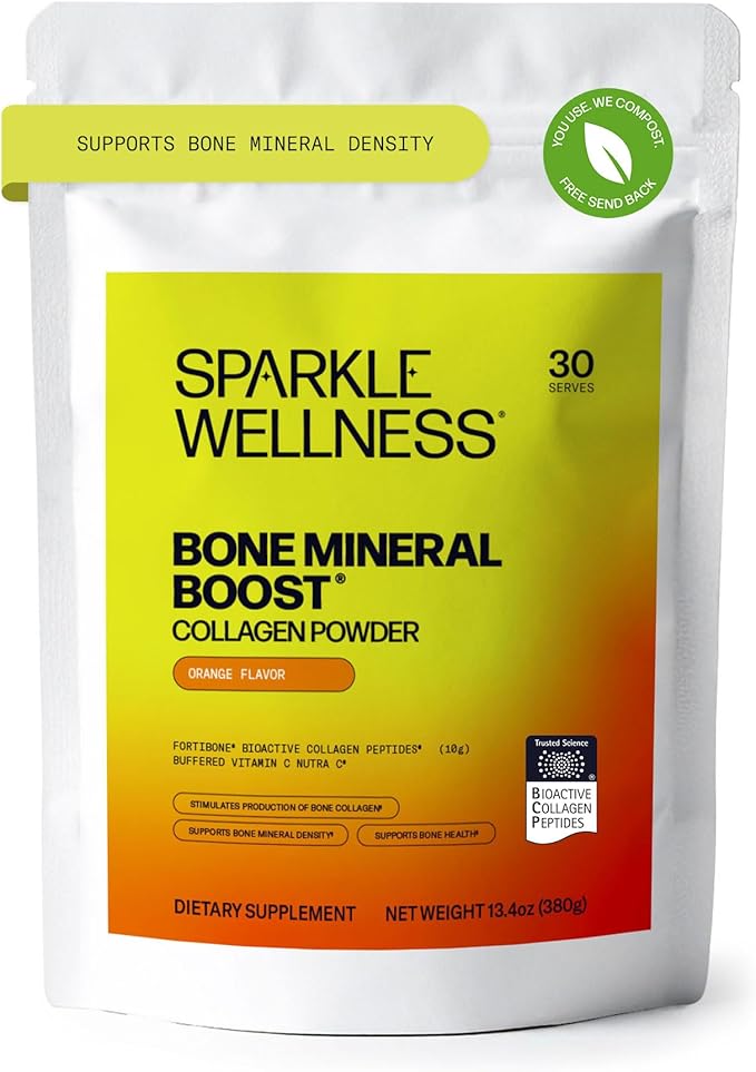 Sparkle Wellness FORTIBONE Bioactive Collagen Peptides | Collagen Powder Supplement with Nutra C Buffered Vitamin C for Bone Health | Bone Mineral Boost (Orange) [30 Serves]