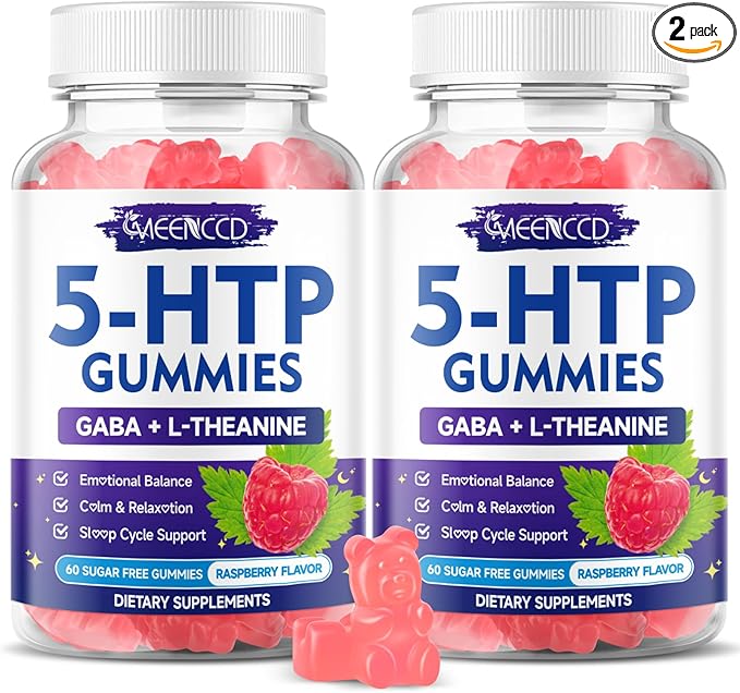2 Pack 5-HTP Gummies 300mg, 5-HTP Supplement with 200mg L-Theanine & 50mg GABA, GABA Supplements for Adults, Sugar Free, Raspberry Flavor, 120 Count