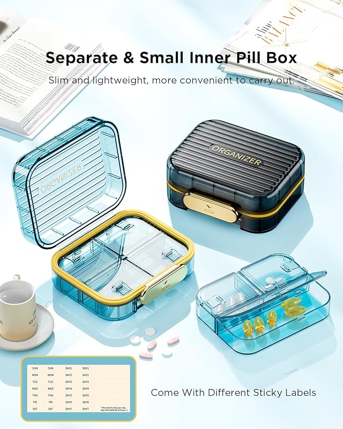 Travel Pill Case, Small Pill Box for Purse, Acedada Portable Daily Pill Container, Compact Moistureproof 7 Compartments Pill Organizer, Stylish Medicine Holder for Vitamins Fish Oils, Black