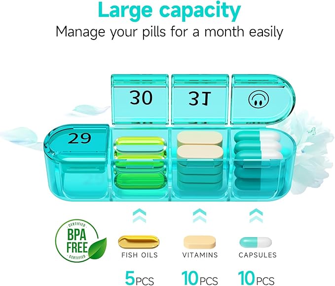 Zoksi Monthly Pill Organizer 1 Times a Day, 30 Day Pill Box Organizer,One Month Pill Case for Travel, 31 Day Daily Medcine Container for Vitamins, Supplement & Medication(Cyan)