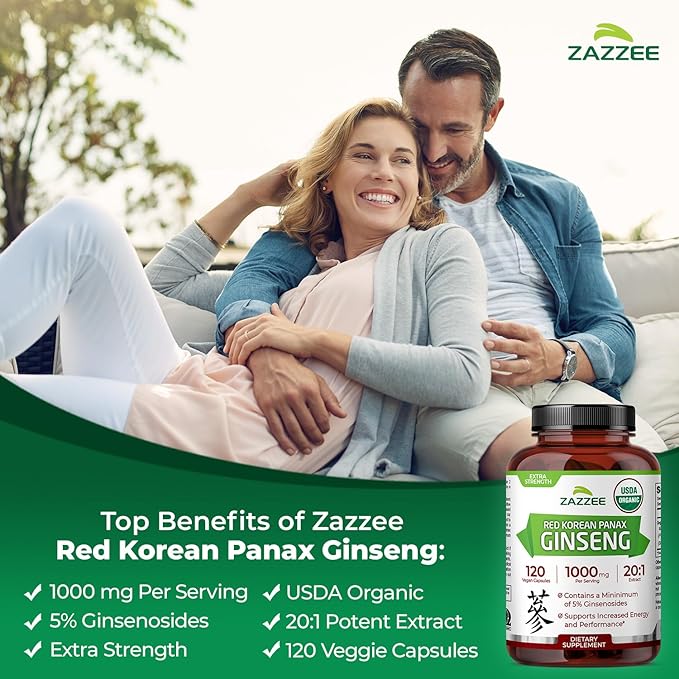 Zazzee USDA Organic Red Korean Panax Ginseng 20:1 Extract, 1000 mg, 5% Ginsenosides, 120 Vegan Capsules, Standardized and Concentrated 20X Root Extract, 100% Vegetarian, All-Natural, Made in the USA