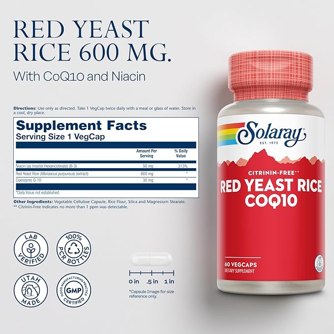 SOLARAY Red Yeast Rice Plus CoQ-10 & No-Flush Niacin Vitamin B-3, Healthy Heart & Cardiovascular Support, Non-Irradiated & Citrinin Free, 60 Servings, 60 VegCaps