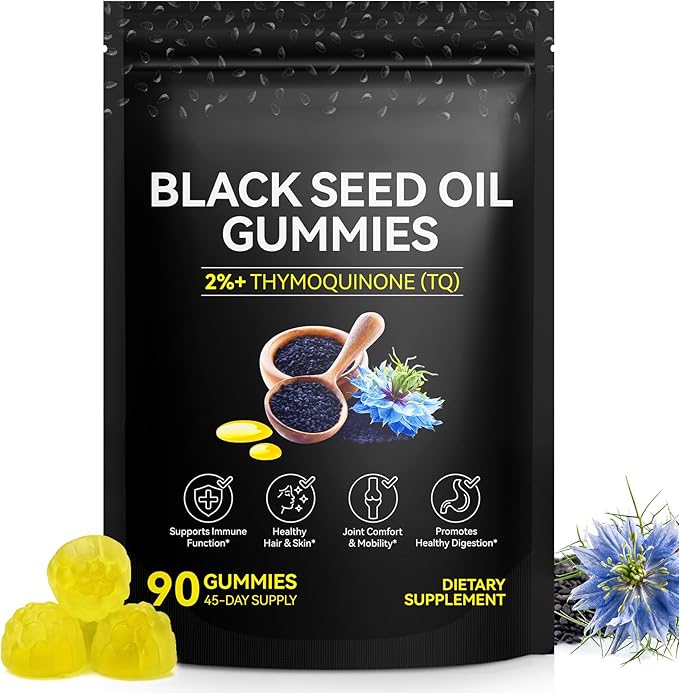Black Seed Oil Gummies,Contains 500mg of Cold-Pressed Black Seed Oil,Promotes Digestion | Gluten Free | Non-GMO | Pectin Base,Hair Strength & Skin Hydration,90 Gummies