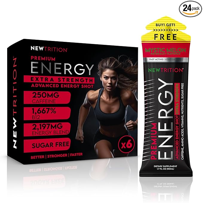 NewTrition® Extra Strength Energy Shots, 1.7 fl oz - 250mg Caffeine with Vitamin B & Amino Acids, Sugar-Free, Zero Calorie Vitamin Energy Drink for Focus & Endurance (Pack of 6, Mystic Melon)