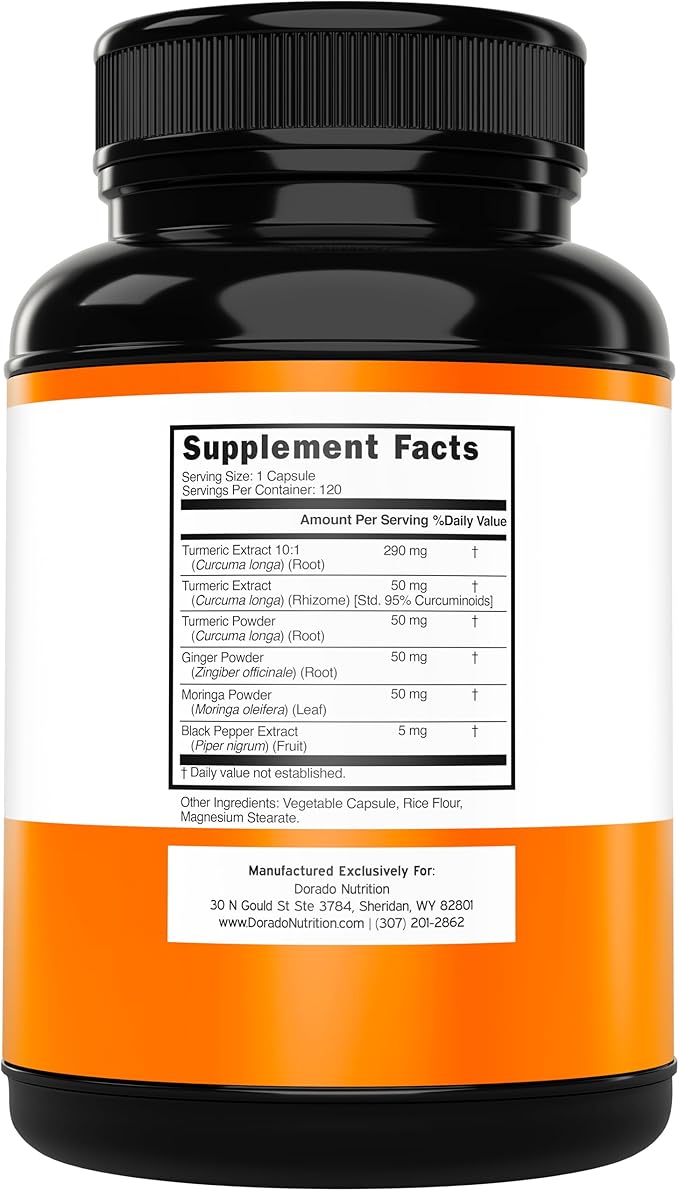Turmeric Curcumin Supplement with Black Pepper, Ginger, Moringa (Made with 95% Curcuminoids) Third Party Tested, Non-GMO, Gluten Free - USA Made - (120 Capsules)