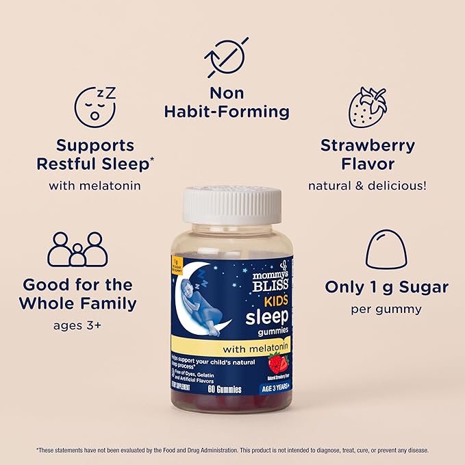 Mommy's Bliss Kids Sleep Melatonin Gummies, No Artificial Colors, Flavors or Gelatin, Strawberry Flavor Children's Melatonin Gummies, Age 3+, 60 Count