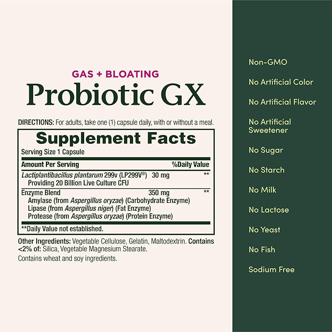 Nature's Bounty Probiotic GX, Helps with Occasional Gas and Bloating, Dietary Supplement, Digestive Health, 25 Capsules