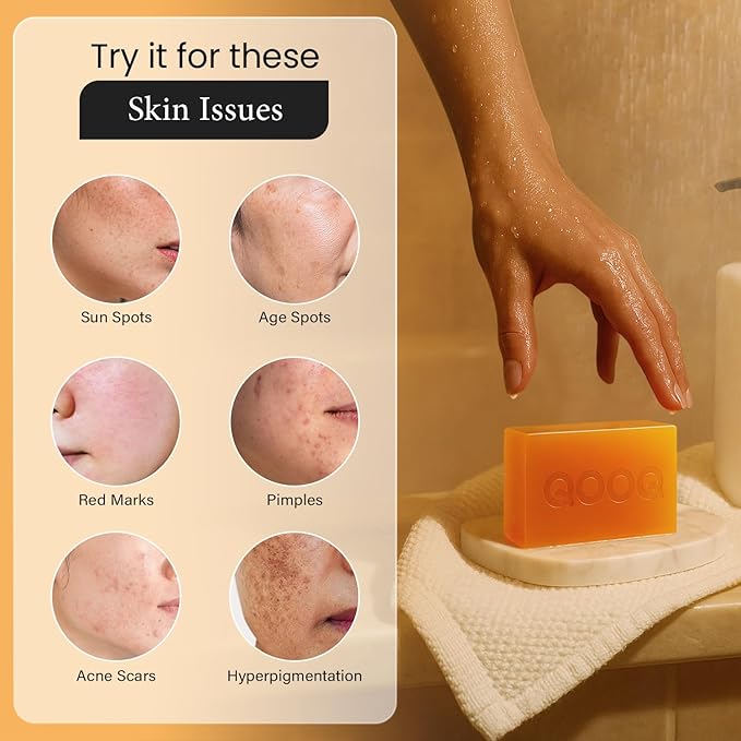 QOOQ Turmeric Kojic Acid Soap for Dark Spots Remover – Facial Cleansing Bar with Vitamin C, Retinol, Collagen, Vitamin E, Glycerin, Shea Butter & Castile Olive Oil – Soap for Women & Men (120g x 4)
