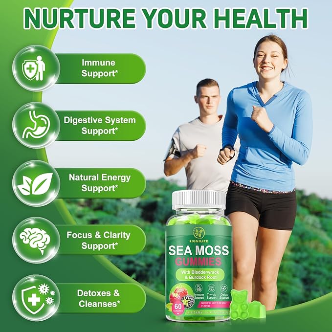 Organic Sea Moss Gummies, Natural Irish Sea Moss with Bladderwrack,Burdock Root,Black Cumin Seed for Immune, Thyroid and Detox Support, Gluten-Free, Vegan - 60 Gummies