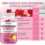 Potassium Citrate Gummies 1200mg, Sugar-Free Potassium Supplement for Adults Women & Men, Supports Leg Cramps & Muscle & Heart Health, Vegan, Gluten Free - Raspberry Flavor (120 Count)