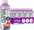 Isopure Clear Protein Water with Electrolytes, 15g Whey Protein Isolate, Zero Sugar, Mixed Berry, 20 fl oz Bottles, 12-Pack