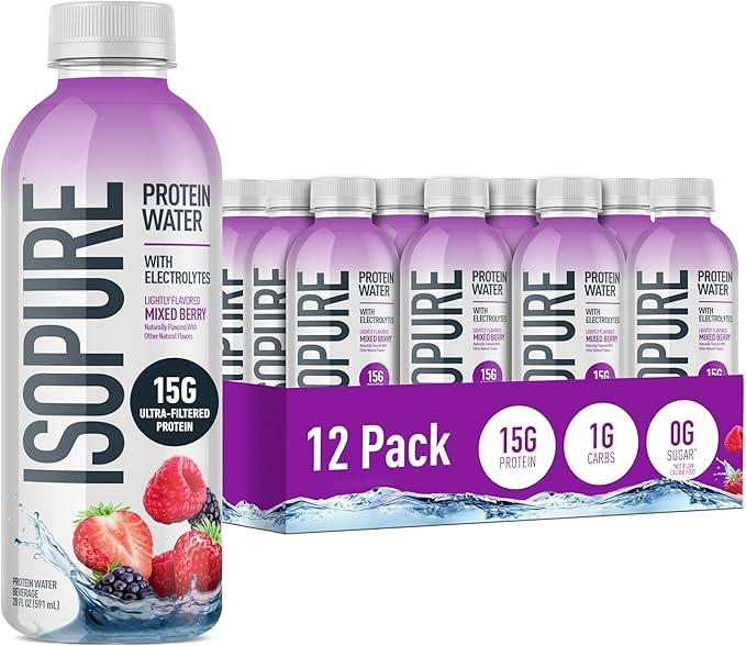 Isopure Clear Protein Water with Electrolytes, 15g Whey Protein Isolate, Zero Sugar, Mixed Berry, 20 fl oz Bottles, 12-Pack