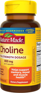 Nature Made Extra Strength Dosage Choline Supplements 800 Mg Per 3 Capsules, Brain Health, Mood, Muscle & Liver Support, Vegetarian, 60 Capsules, 20 Day Supply