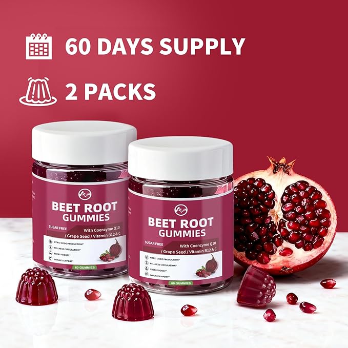 M inch Beet Root Gummies, Blood* Pressure Support & Nitric Oxide Booster, 8-in-1 Wellness Formula with Grape Seed, Coq10, Folic Acid, Vitamin C, B3 & B12, Sugar Free, Vegan, Pomegranate Flavor, 2 Pack
