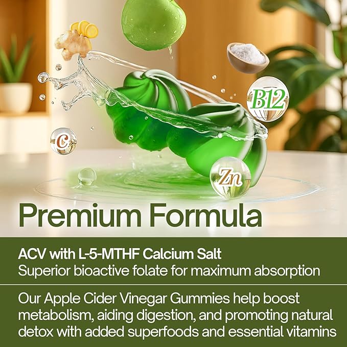 120 Premium Apple Cider Vinegar (ACV) Gummies, Formulated with Vitamin B12, Zinc, Ginger & Vitamin C,120 | Vegan - Gluten Free - Non GMO