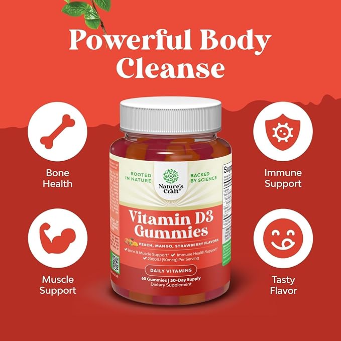 Natures Craft Vitamin D3 Gummies for Daily Wellness - Delicious D Adults with 2000IU per Serving Bone Muscle & Immune Support Non-GMO Gelatin Gluten Free - 60 Count