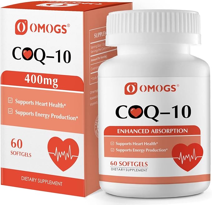 OMOGS CoQ10 400mg Softgels, Coenzyme Q10 High Absorption Supplements Support Heart Health, Cardiovascular Health, Immune System & Cellular Energy Production, Gluten Free, 60 Softgels
