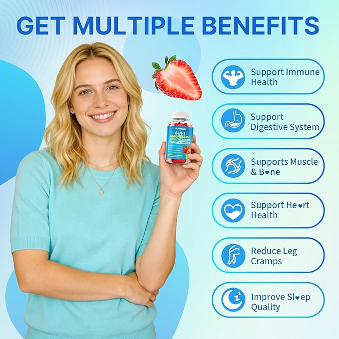 Magnesium Complex Gummies for Women Men 8 in 1, Magnesium Glycinate, Citrate, Malate, Taurate, Supports Bones, Muscle, Nerve Health, Sugar-Free, Vegan Non-GMO, Strawberry Flavor, 60 Count