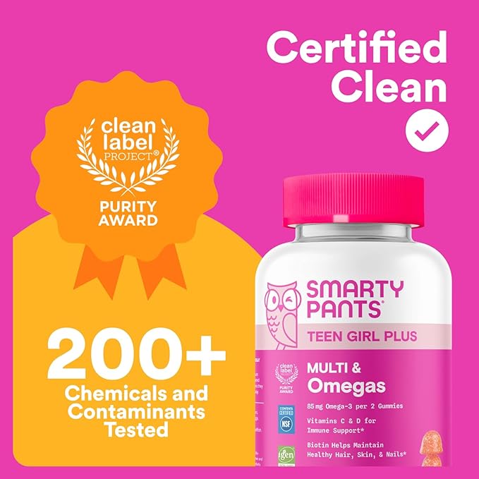 SmartyPants Teen Girl Multivitamin Gummies, Omega 3 (DHA/EPA), Vitamin C, D3, B12, Vitamin A, K & Zinc, Biotin to Support Hair, Skin & Nails, Gluten Free, 60 Count (30 Day Supply)