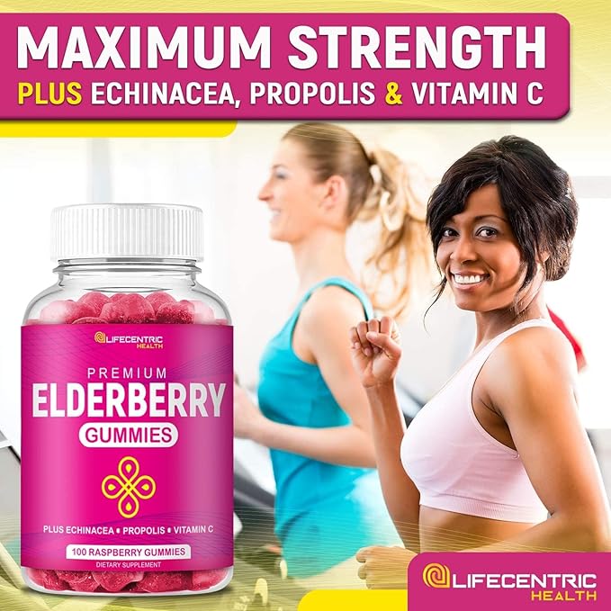LifeCentric Health Elderberry Gummies for Kids & Adults Plus Vitamin C, Propolis & Echinacea Delicious Raspberry Gummy