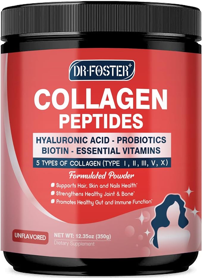 DRFOSTER Multi Collagen Peptides Powder with Probiotics - Type I II III V X Hydrolyzed Collagen Peptides with Multivitamins, Hyaluronic Acid & Biotin - Support Skin Hair Nail Joints & Gut, 35 Servings