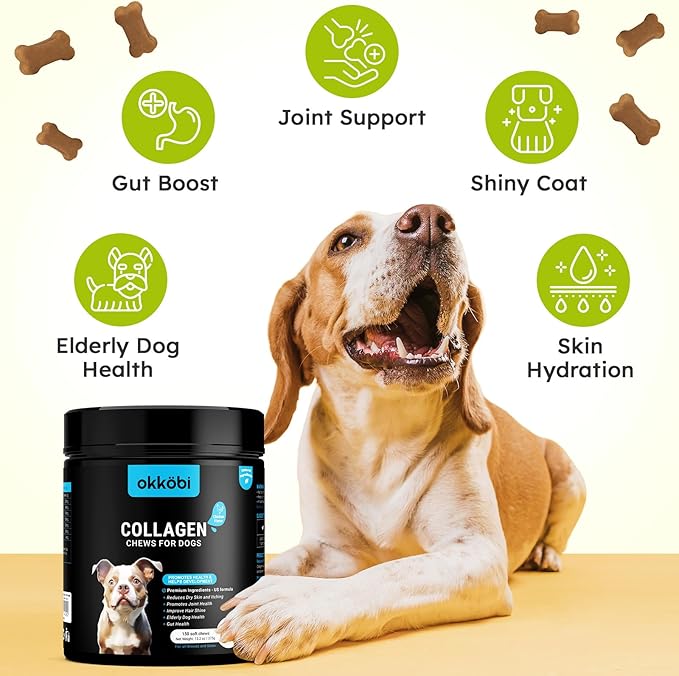 Collagen for Dogs - 150 Chews - Joint, Skin & Coat Supplement with Hyaluronic Acid, Eggshell Membrane & Vitamin C - Daily Hip & Joint Support for Senior Dogs & Puppies - Chicken