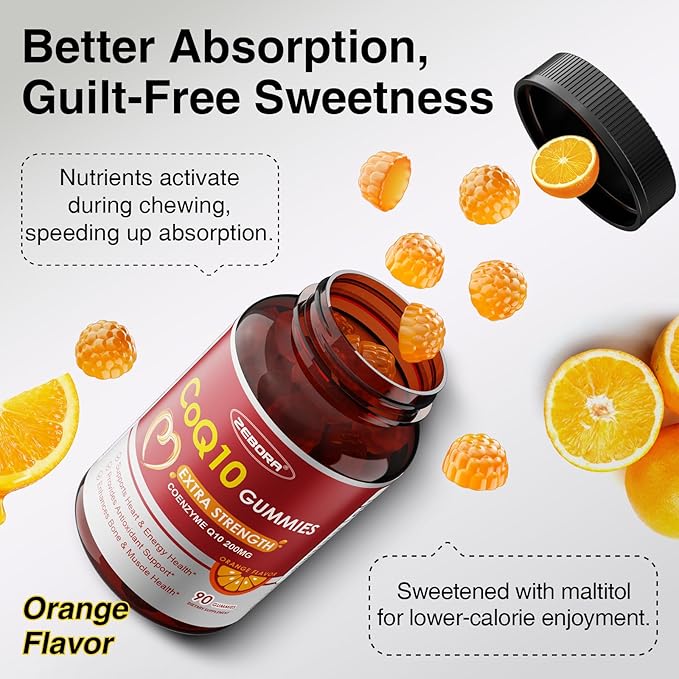 ZEBORA CoQ10 200mg Gummies, High Absorption Coenzyme Q10 Supplements with Omega-3, Heart & Energy Support, Powerful Antioxidant, Orange Flavor, 90 Gummies