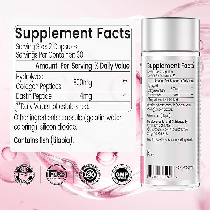 OxyEnergy Collagen Peptides Capsules for Women, Hydrolyzed Collagen Supplements with Elastin Peptides, 60 Collagen Pills to Promotes Hair, Nail, Skin, Capsulas