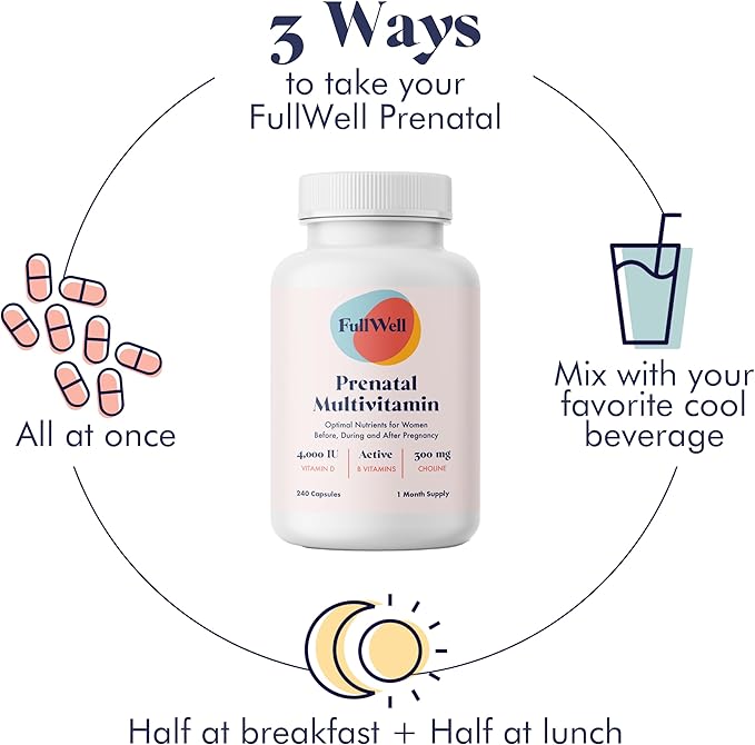 FullWell Women's Prenatal Multivitamin - Healthy Pregnancy Support - Contains Choline & Folate - Supports Fetal Growth & Brain Development* - 240 Count (60 Servings, 2 Pack)