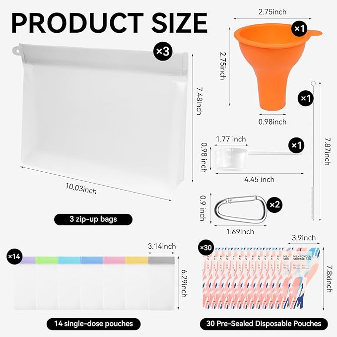 55 PCS Protein Powder Travel Container Set, Reusable Supplement Pouches with 14 Single-Dose Bags, 3 Large Zip Bags&30 Disposable Bags, Portable Storage with Funnel&Scoop for Gym, Travel, and Work