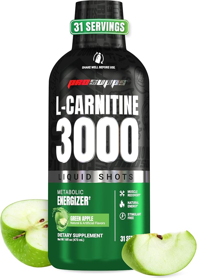 ProSupps L-Carnitine Liquid 3000, Stimulant-Free Liquid Shots for Men & Women - Clean Workout Drink for Energy, Performance & Muscle Recovery - No Sugar, No Carbs - 31 Servings, Green Apple
