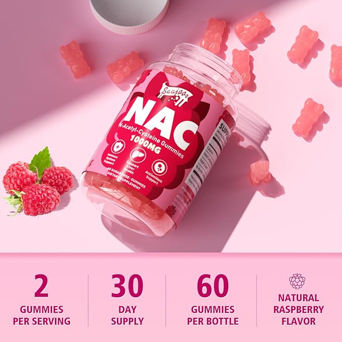 NAC Gummies Sugar-Free, N-Acetyl Cysteine NAC Supplement 1000mg for Antioxidants, Immune Support, Non-GMO, Gluten-Free, Vegan – Raspberry Flavor, 60 Gummies