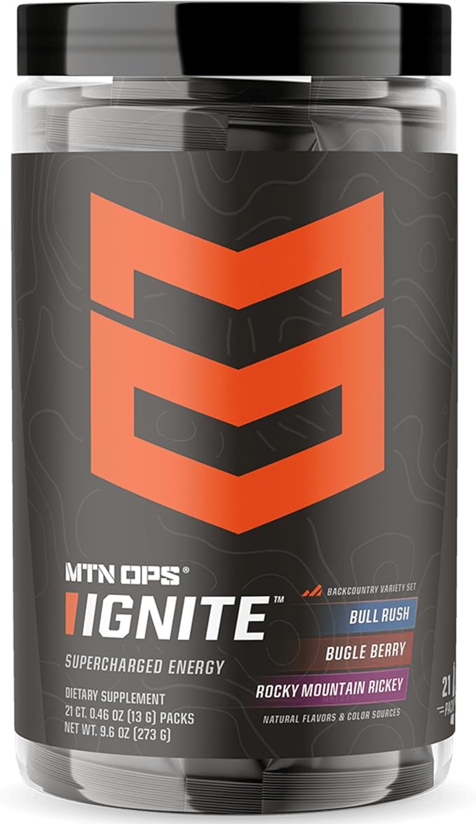 MTN OPS Ignite Sugar Free Energy Drink Powder Variety Pack with 200mg Caffeine, Travel Pre Workout Packets for to-Go Energy, Nootropic Blend, L Arginine & L Citrulline, Backcountry Flavors