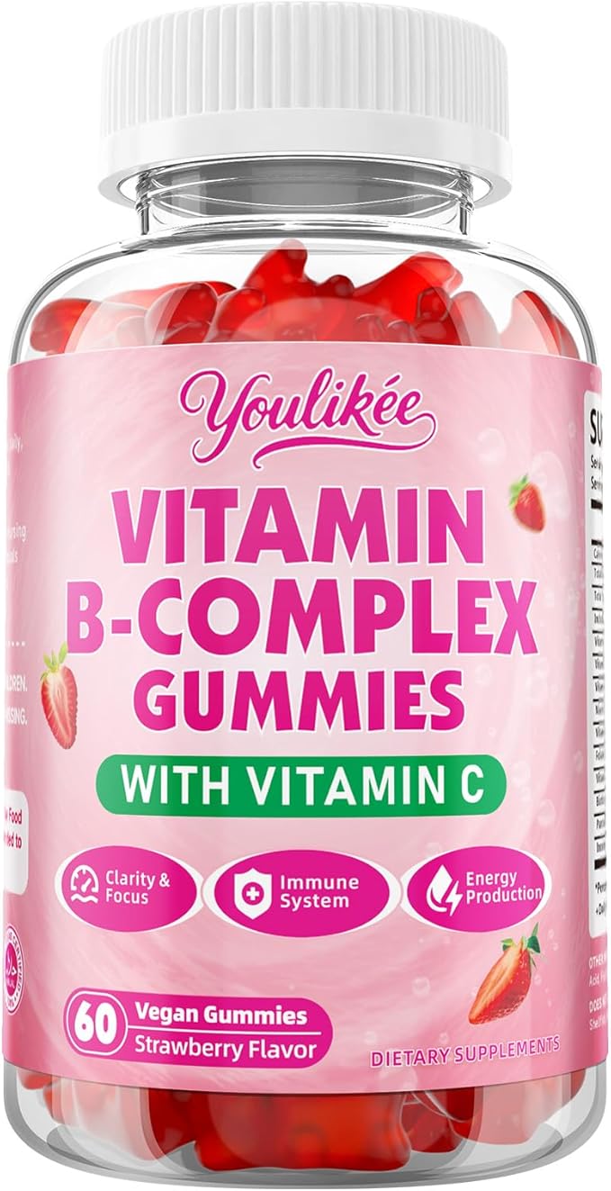 Vitamin B-Complex Gummies for Women & Men, Methyl B12, B1, B2, B3, B5, B6, B7 & B9 - Vitamin B Complex with Vitamin C Supports Energy & Immune Function, Strawberry Flavor, 60 Count