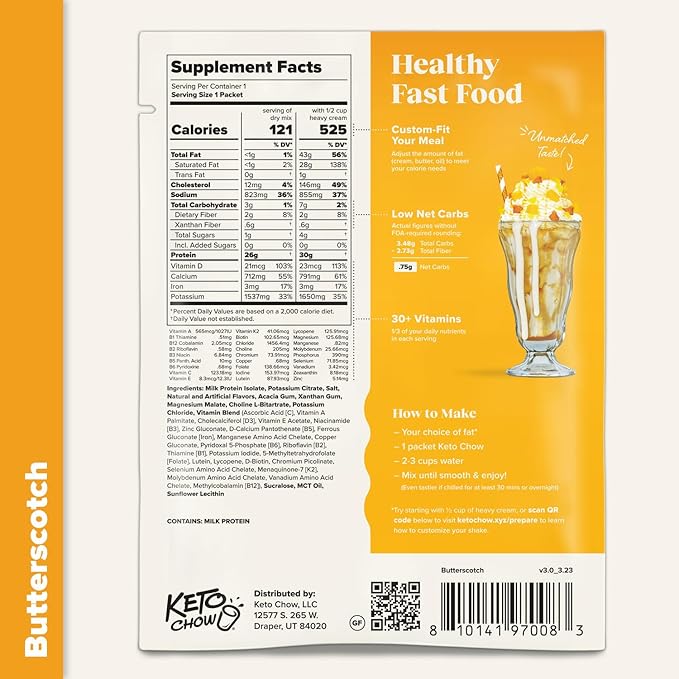 Keto Chow Butterscotch | Keto Meal Replacement Shake Powder | Nutritionally Complete | Low Carb | Delicious Easy Meal Substitute | Protein Rich You Choose The Fat | Single Meal Sample
