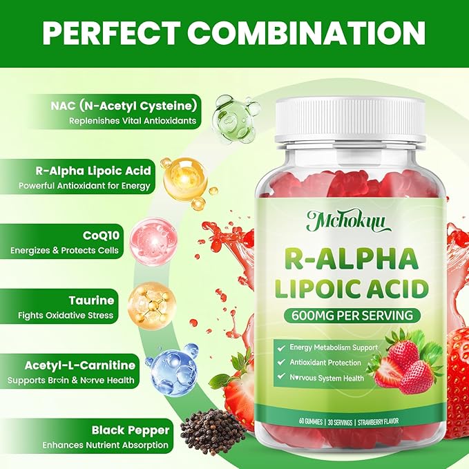 R Alpha Lipoic Acid 600mg Gummies, Stabilized R-Alpha Lipoic Acid, ALA Supplement for Nerve Health, Antioxidant & Metabolism Support- Vegan, Non-GMO, Gluten Free, Strawberry Flavor - 120 Count