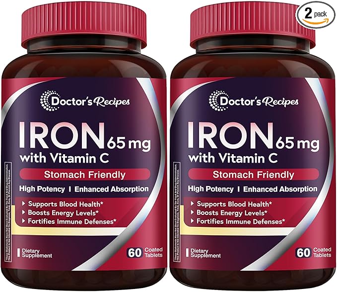 Doctor's Recipes Iron Supplement 65 mg with Vitamin C - Maximized Absorption & Stomach Friendly Iron Pills for Red Blood Cells Formation, Heart, Brain & Immunity Health - Vegan 120 Iron Tabs (2 Pack)